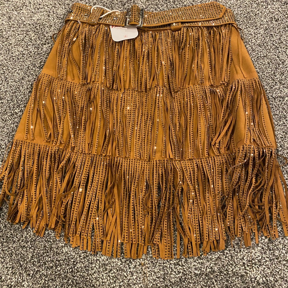 Cognac studded fringe mini skirt